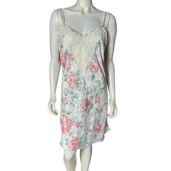Sedu Large Floral Sleepwear Slip Nightgown White Pink Roses Lace V-Neck - Picture 1 of 7
